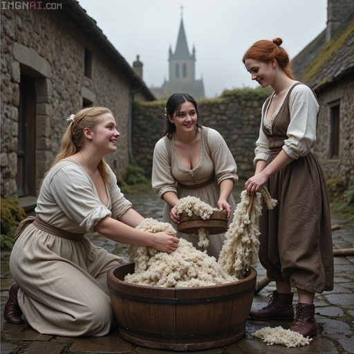 Three young women in medieval dresses working with raw white wool in a large wooden tub on a cobblestone street.