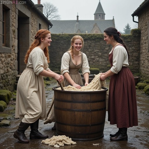 Three smiling young women in medieval dresses standing around a large wooden tub on a wet cobblestone street, processing raw wool with stone buildings in the background.