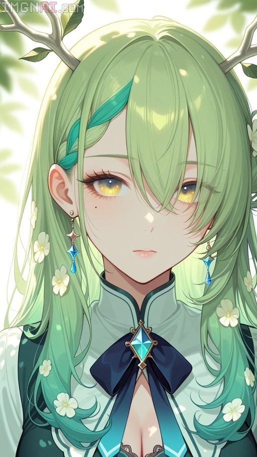 Portrait of Ceres Fauna with long green hair, white flowers in her hair, and antler-like horns.