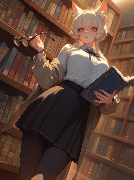 A digital illustration of a white-haired anime girl with fox ears standing in a library, holding glasses and an open book while looking at the viewer.
