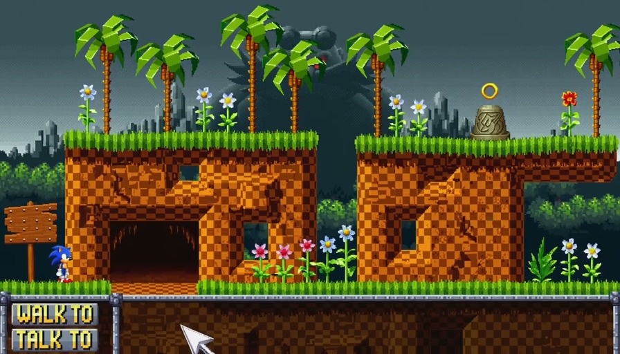 Sonic the Hedgehog explores a dark, pixelated Green Hill Zone in a point-and-click adventure style, investigating a cave with a broken robot before Dr. Eggman's face looms overhead.