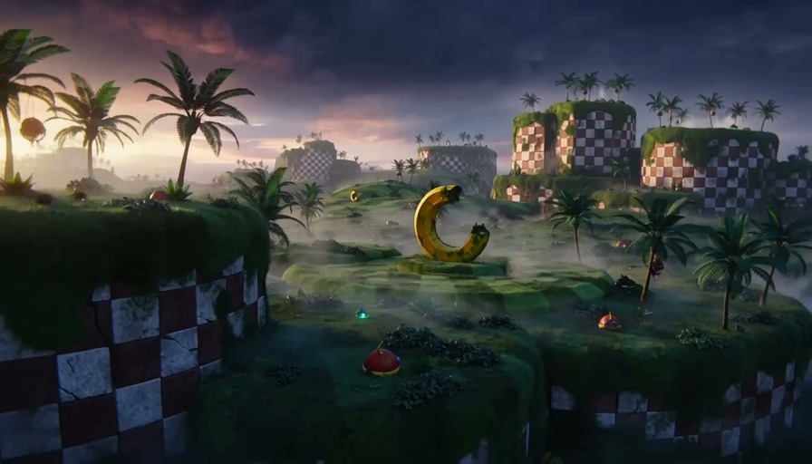 Sonic running through a realistic Green Hill Zone landscape with checkered blocks and palm trees under a dramatic sky.