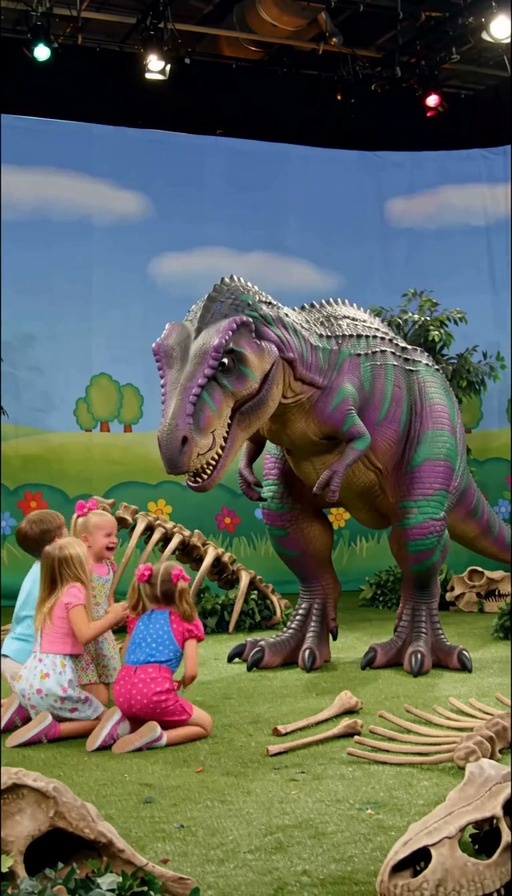 A large purple and green striped Tyrannosaurus Rex painted like Barney the Dinosaur stands over four kneeling children on a grassy set with scattered dinosaur bones.