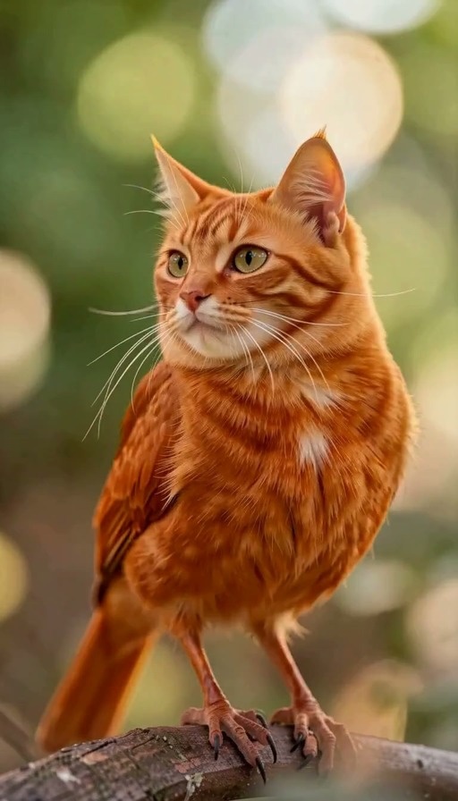A realistic nature documentary scene featuring various catbirds with cat heads and bird bodies perched on tree branches in a forest.