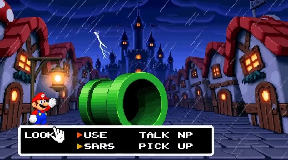 Pixel art animation of Mario and Luigi navigating a point-and-click adventure world with inventory items and classic enemies like Goombas and Bowser.