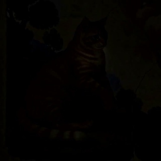 An orange tabby cat reaches its paw toward a white fluffy cat and kittens on clouds in a classical painting style.