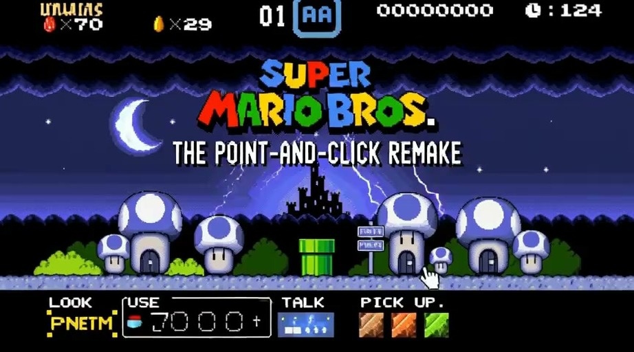 A pixel-art video game trailer showing Mario, Luigi, and a blonde guitarist character in a point-and-click adventure through the Mushroom Kingdom, featuring dialogue boxes and a throne room scene.