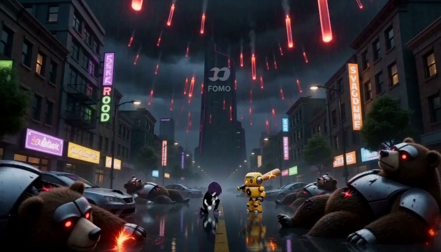 A 3D animated scene showing EMONAD and a yellow robot standing in a flooded neon city street as large red candlestick bars rain down around fallen cyborg bears.