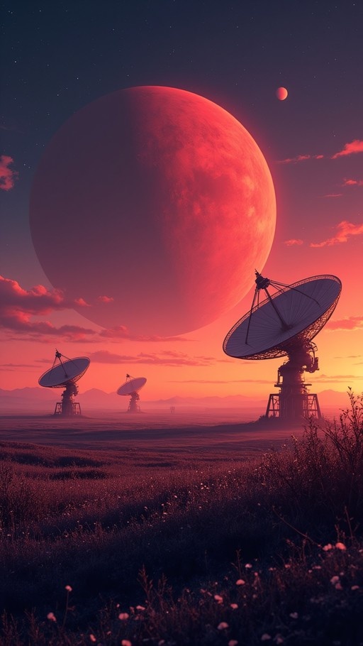 Three large satellite dishes stand in a grassy field beneath a massive glowing red planet and a starry sky.
