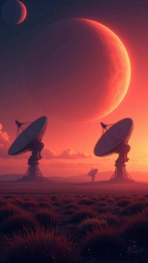 Two large satellite dishes stand in a grassy field facing a massive glowing red planet and a smaller moon in a starry sky.