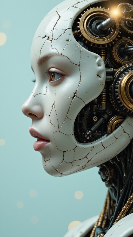 Profile view of a cracked white android face revealing internal brass gears and machinery against a blue background.