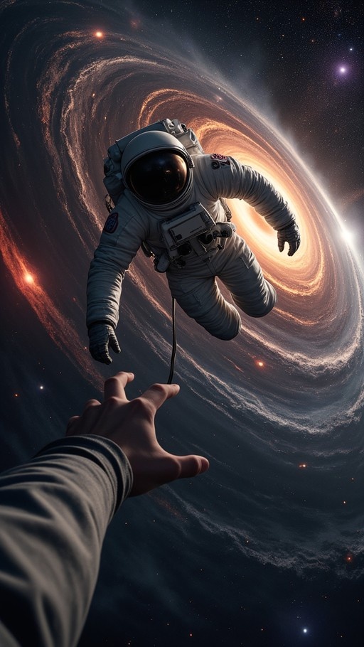 A first-person view of a hand reaching out to an astronaut floating in front of a massive spiral galaxy.