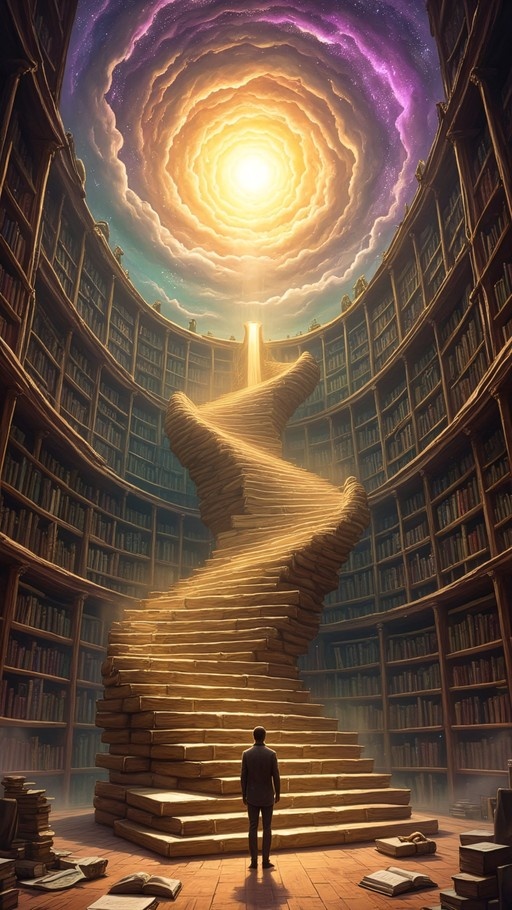 A man stands looking up at a massive spiral staircase made of books inside a vast library with an open ceiling showing a swirling purple and gold sky.