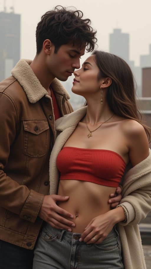 A realistic digital illustration of an affectionate couple standing close together on a rooftop, foreheads touching against a hazy city skyline backdrop.