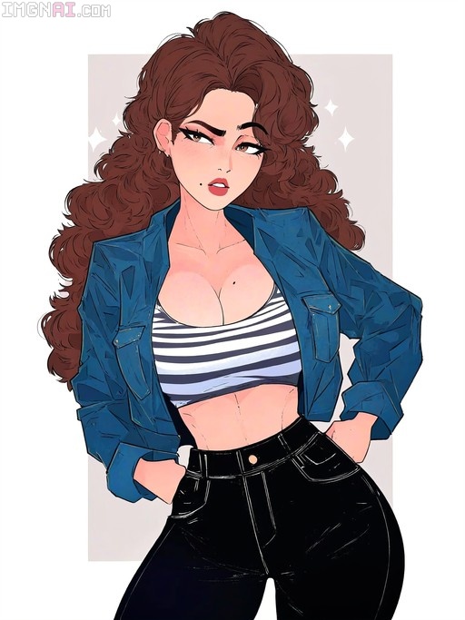 A digital illustration of a young woman with voluminous wavy brown hair wearing an open blue denim jacket and a striped crop top, posing confidently with hands in pockets.
