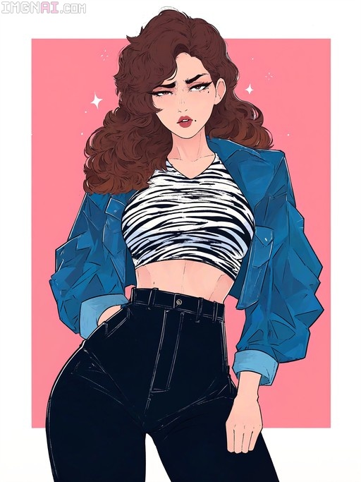 Digital illustration of a woman with long brown wavy hair and a mole, wearing a zebra print crop top, open blue denim jacket, and black high-waisted pants against a pink background.