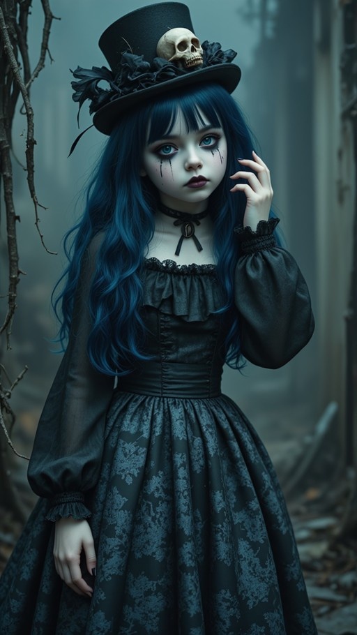 A portrait of a gothic girl with long wavy blue hair and pale skin, wearing a black dress with puffy sleeves and a tall black top hat featuring a skull ornament. She has dark tear tracks running down her face from her blue eyes and stands in a foggy outdoor setting.