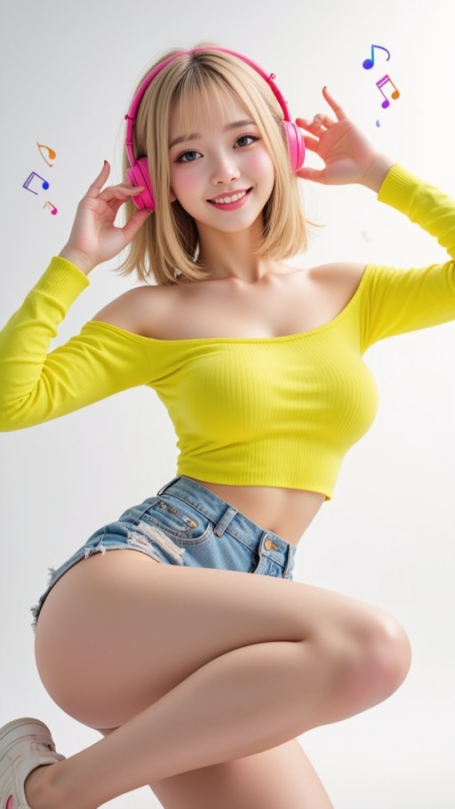 A smiling young woman with short blonde hair wearing a yellow off-the-shoulder crop top and blue denim shorts while listening to pink headphones against a white background with musical notes.