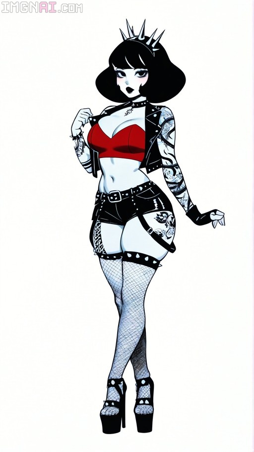 A full-body illustration of a punk-styled Snow White with short black hair and black lips, wearing a red bustier, open leather jacket, studded shorts, fishnet thigh-highs, and platform heels.