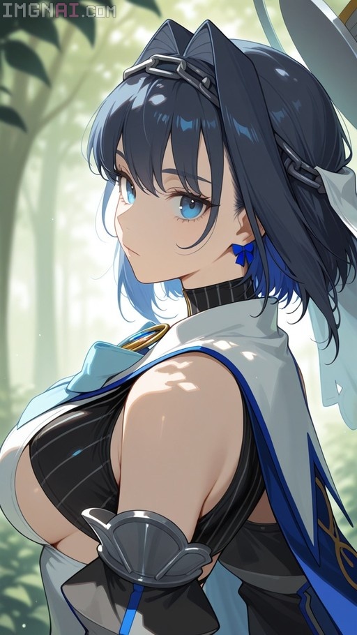 An anime-style illustration of Ouro Kronii with blue hair and a mechanical halo, looking back over her shoulder in a sunlit forest.