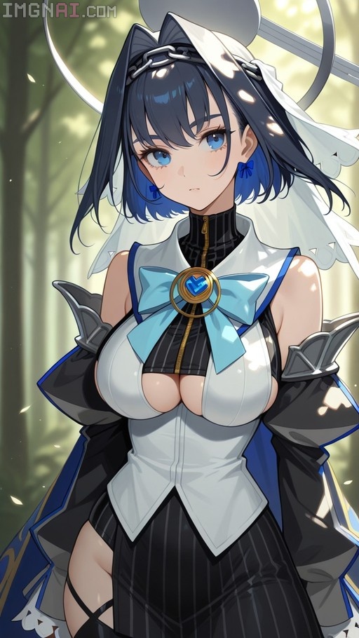 An anime-style illustration of Ouro Kronii with short blue hair and a mechanical halo, wearing a white and black outfit with a large light blue bow, standing in a sunlit forest.