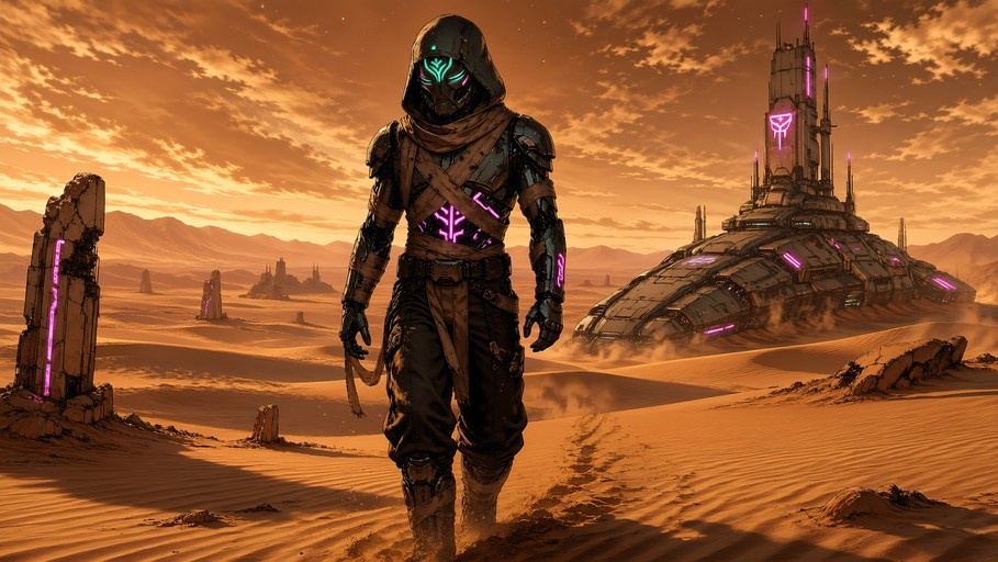 A hooded figure in dark armor with glowing purple accents walks through a vast orange desert landscape towards the viewer, with futuristic structures and stone monoliths in the background.