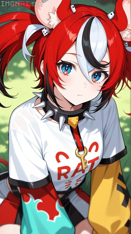 Hakos Baelz with red and white hair, mouse ears, blue eyes, wearing a spiked collar with a cheese pendant.
