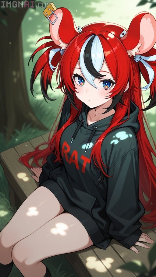 Hakos Baelz sitting on a wooden bench outdoors wearing an oversized black hoodie with "RAT" text and large mouse ears.