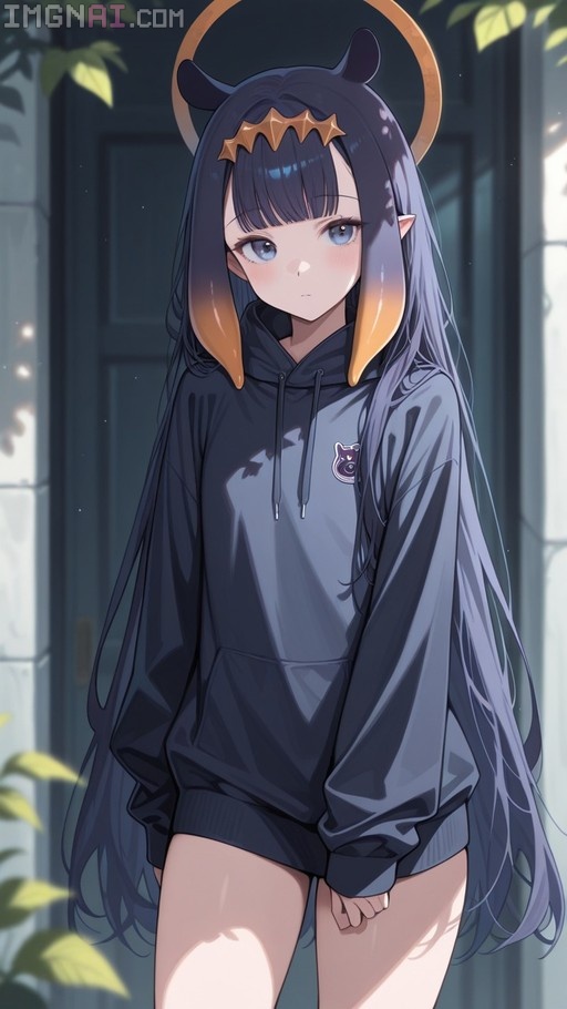 Ninomae Ina'nis in a black hoodie with long dark hair and orange tips standing outside
