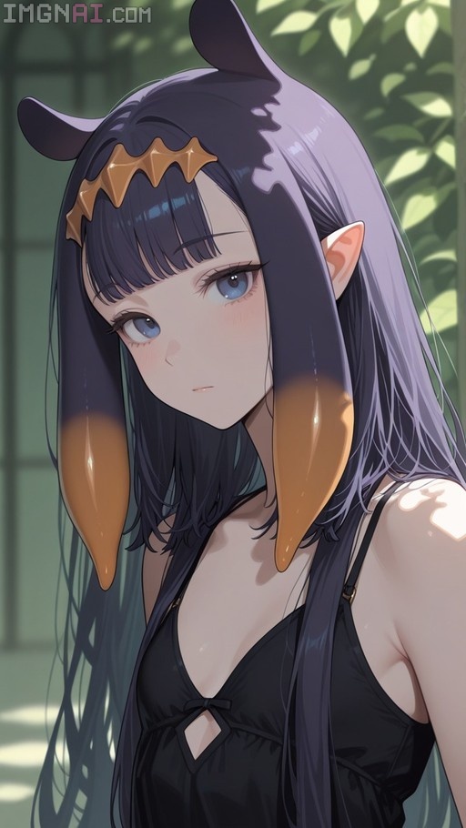 Anime portrait of Ninomae Ina'nis featuring long dark hair with orange tips, pointed ears, and a black dress in an outdoor setting.