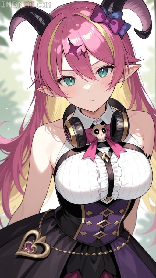 Anime illustration of Yuzuki Choco with pink and blonde hair, asymmetrical horns, wearing a white top and purple corset with headphones around her neck.