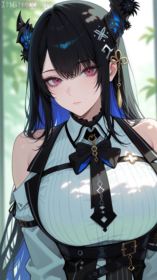 Anime-style portrait of Nerissa Ravencroft with long black and blue hair, red eyes, and black horns, wearing a white ribbed shirt with shoulder cutouts and a large black bow tie.