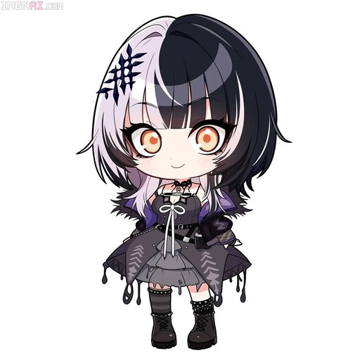 A chibi illustration of Shizukusa Shion with two-tone black and white hair, orange eyes, wearing a black dress with fur trim and striped socks.