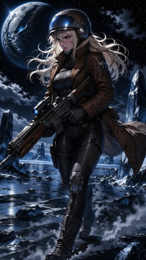 A blonde woman in a brown leather coat and helmet holds a large rifle on an icy alien planet with a skull-faced moon in the sky.