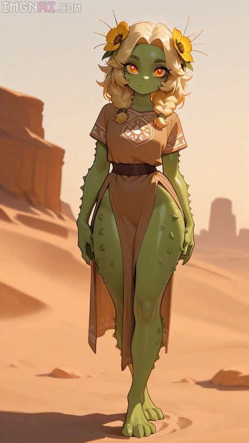 A green-skinned girl with blonde twin braids and yellow flowers in her hair stands barefoot in a desert wearing a brown dress.