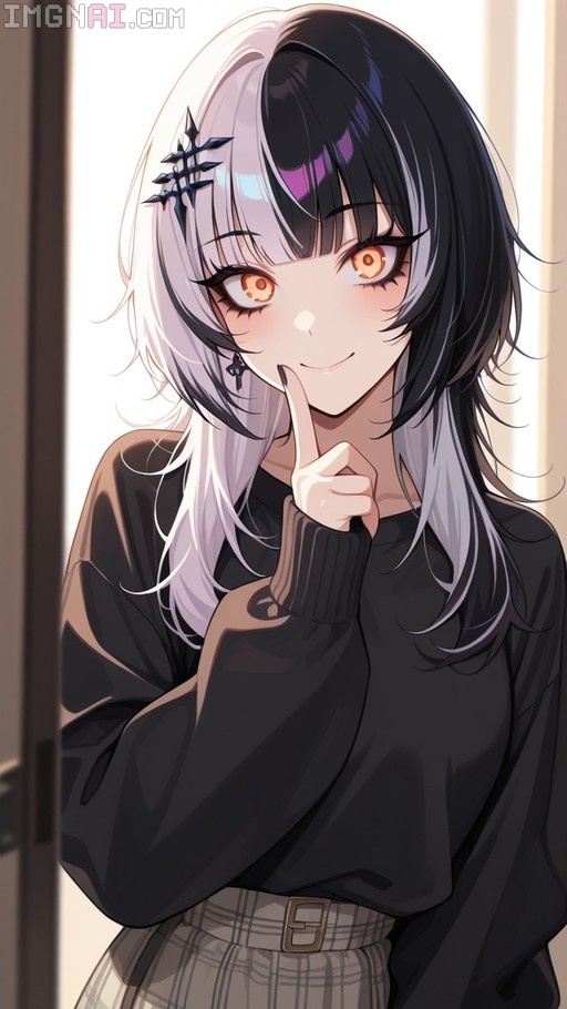 Shiori Novella with half-black and half-white hair and orange eyes wears a black sweater and plaid skirt while holding a finger to her lips in a shushing pose.