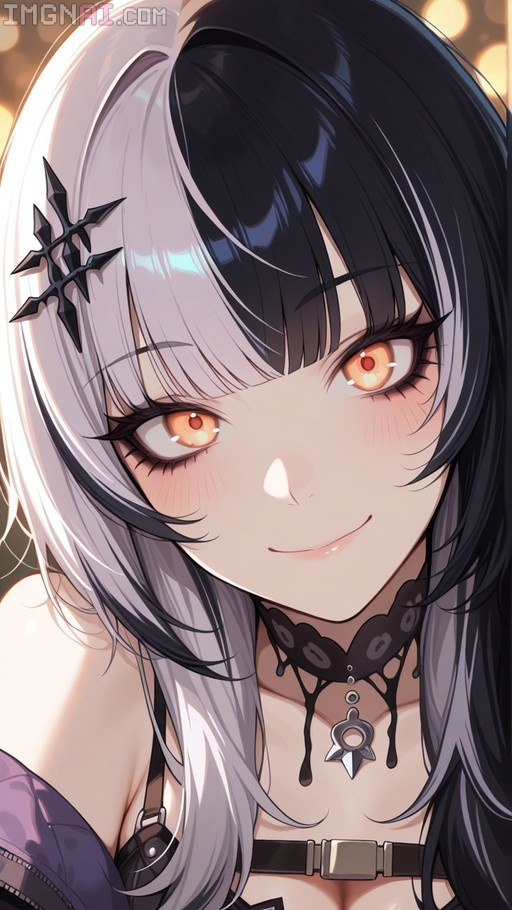 Close-up digital illustration of Shiori Novella with long split black and silver hair, orange eyes, and a black choker.