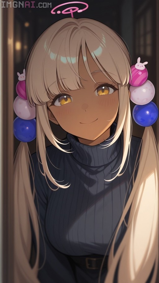 Tsukumo Sana smiling in a black turtleneck with colorful rabbit hair ornaments and a pink halo.