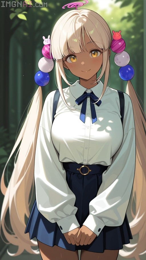 Tsukumo Sana with long blonde hair and colorful ornaments smiles in a sunlit forest wearing a white shirt and blue skirt.