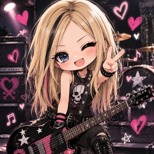 A chibi anime girl with long blonde hair and pink streaks plays a black and pink electric guitar on stage, winking and making a peace sign while surrounded by pink hearts and musical notes.