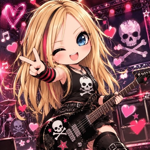Chibi anime girl with blonde hair playing a black electric guitar with skulls on it, winking and making a peace sign.