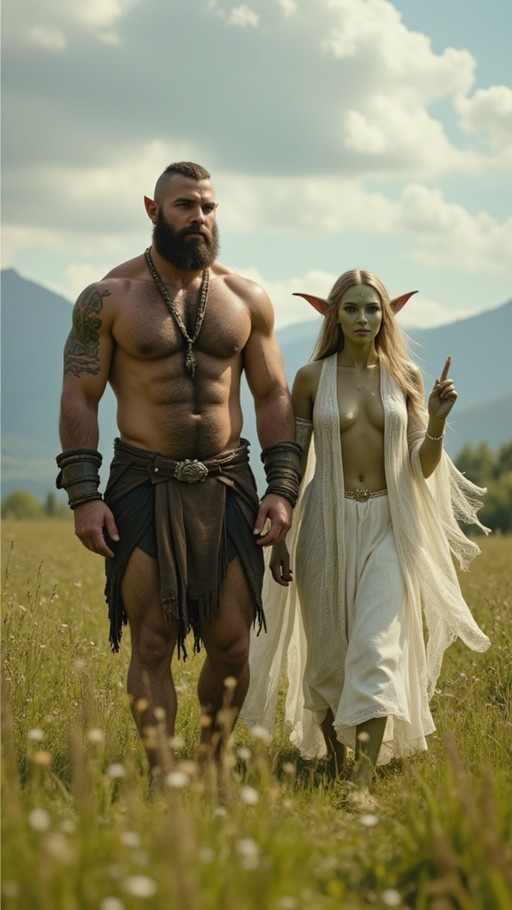 A muscular bearded orc warrior and a green-skinned elf woman walk side-by-side through a sunny grassy field.