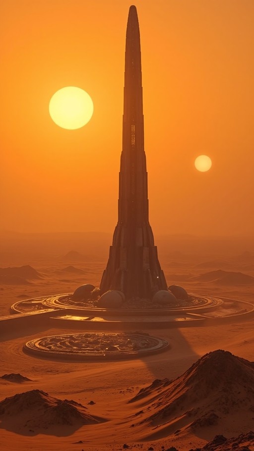 A tall dark monolithic structure stands in a vast orange desert under two bright suns in the sky.