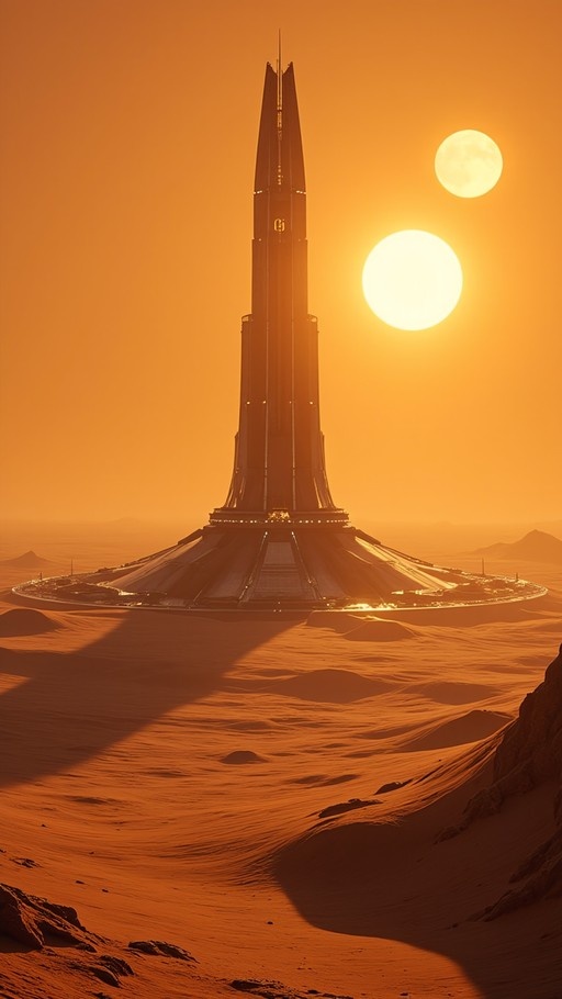 A towering sci-fi structure rises from rippled sand dunes under an orange sky with two bright celestial bodies.