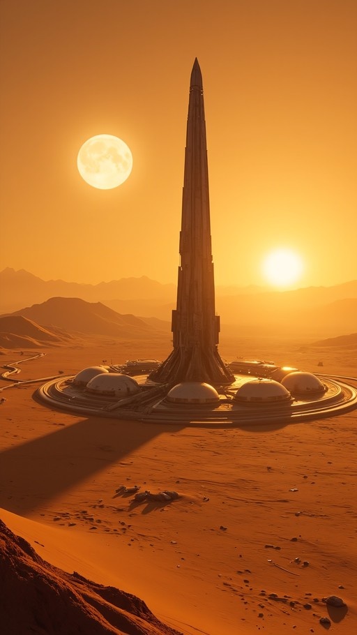 A tall rocket ship stands at a circular base with domes in an orange desert under a sun and moon.
