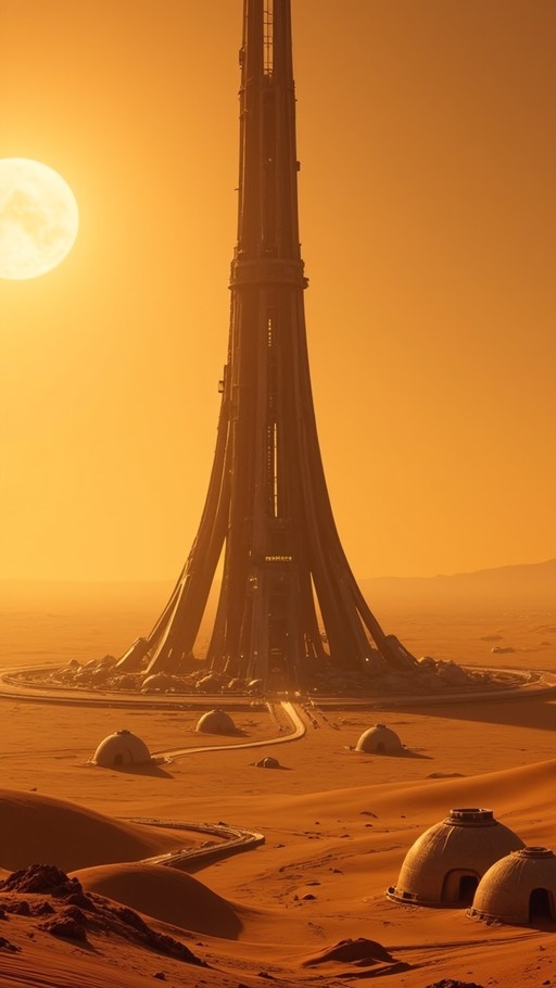 A tall futuristic tower stands in a vast orange desert with small dome structures at its base and a large moon in the sky.