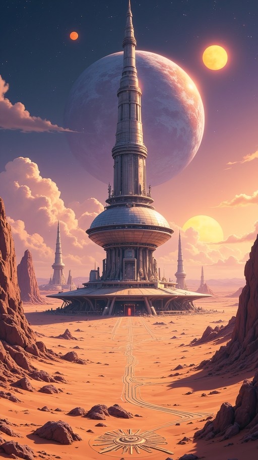 A towering sci-fi structure stands in an orange desert landscape beneath a massive planet and two suns, framed by rocky cliffs.