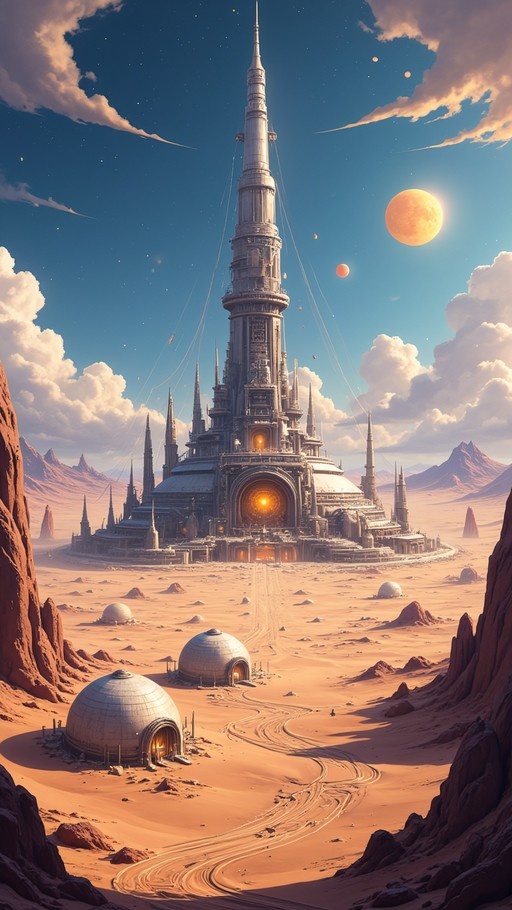 A tall futuristic tower stands in a red desert under a blue sky with planets and clouds, surrounded by dome structures.