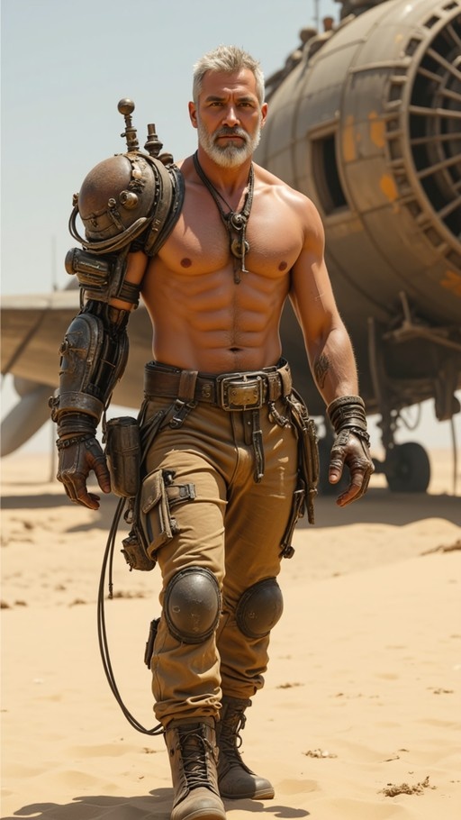Shirtless muscular man with white beard and mechanical arm walking in desert