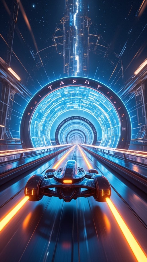 A futuristic black vehicle with glowing orange engines speeds through a long, cylindrical blue tunnel under a starry sky.